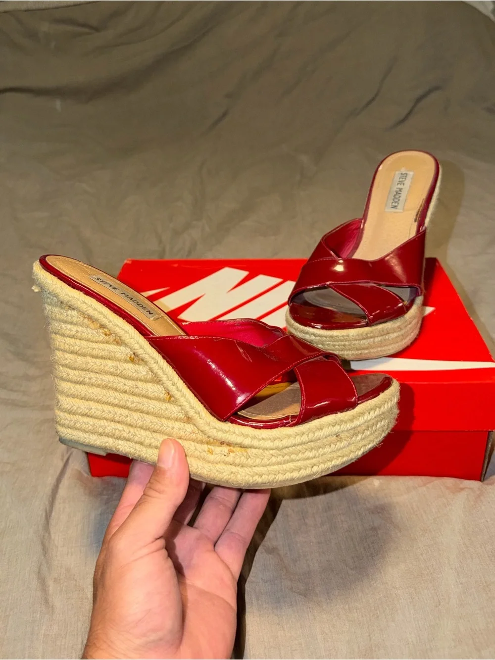 Steve Madden Platform Wedge Sandals Shiny Red & Wilma Natural straw Wicker